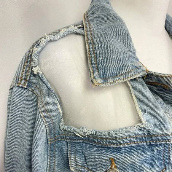 Pull & Bear Mesh Distressed Light Wash Denim Jean Jacket S - Picture 7 of 11